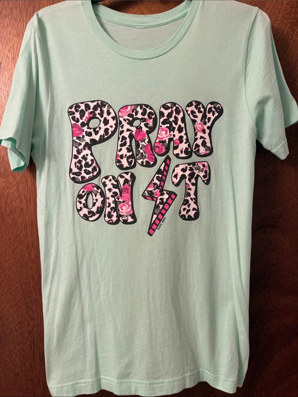 Girls' Mint Short Sleeve Tee with Pink Leopard 'Pray Out' Graphic